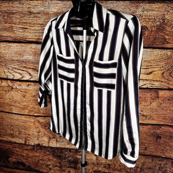 Express Navy White Striped Button Blouse  Work Casual Top| M - Picture 6 of 11